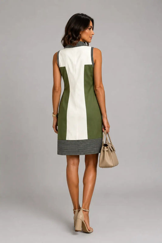 Ginestra | Vestido Camisero Corto sin Mangas, con Cuello y Bloques de Color, con Ribete a Rayas